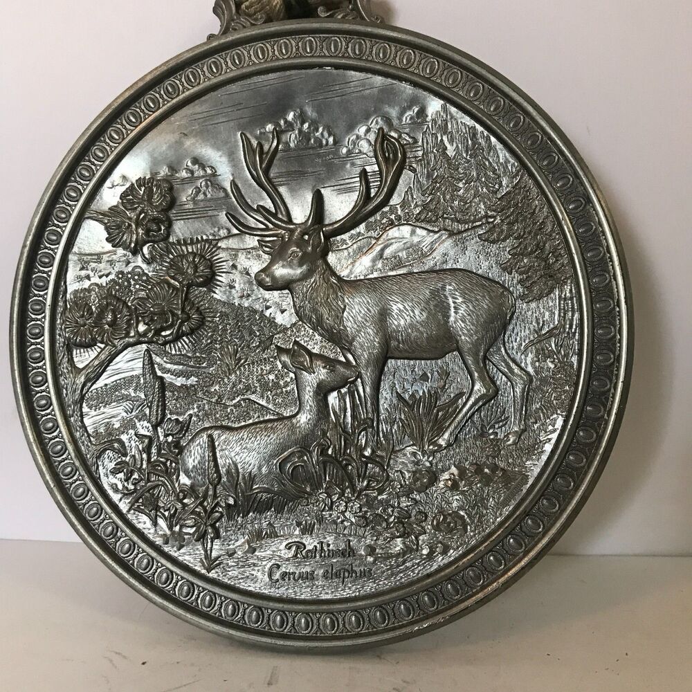 Vintage Round Pewter Wall Hanging Deer in Meadow Raised Design 7" Diameter